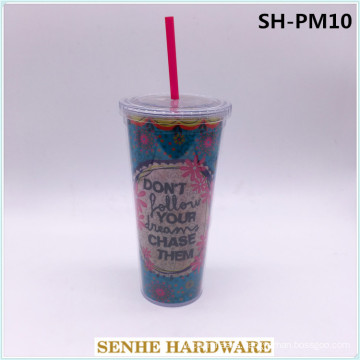 680ml Double PS Body Plastic Coffee Cup with Straw (SH-PM10)